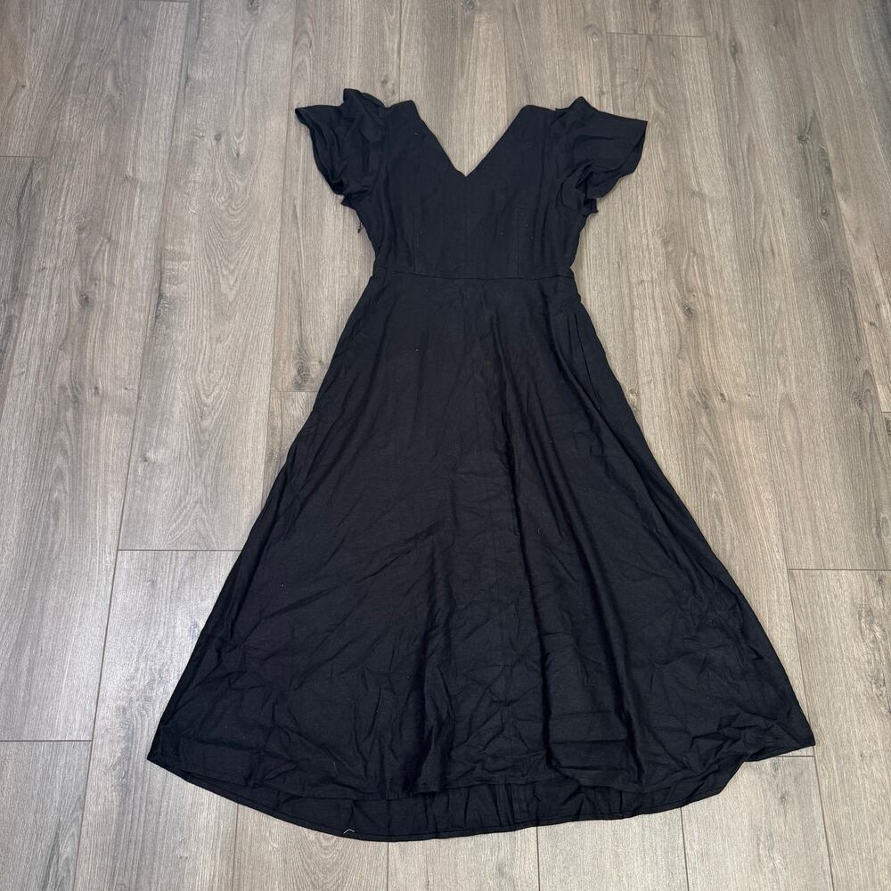 J.Crew Linen-Blend Midi Dress Womens 4 Black Flutter Short Sleeve V-Neck A-Line - Picture 5 of 7